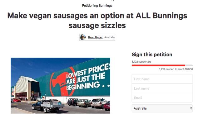 The petition calling for Bunnings to include vegan products in their fundraisers.