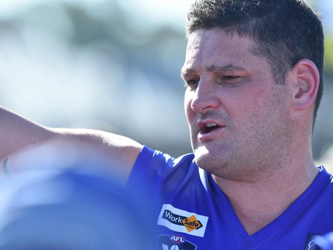 Brendan Fevola of Hastings is seen in action quarter time during the MPNFL Div 2 match in Hastings, Melbourne, Saturday, April 20, 2019. MPNFL Div 2 v Devon Meadows V Hastings. (AAP Image/James Ross) NO ARCHIVING