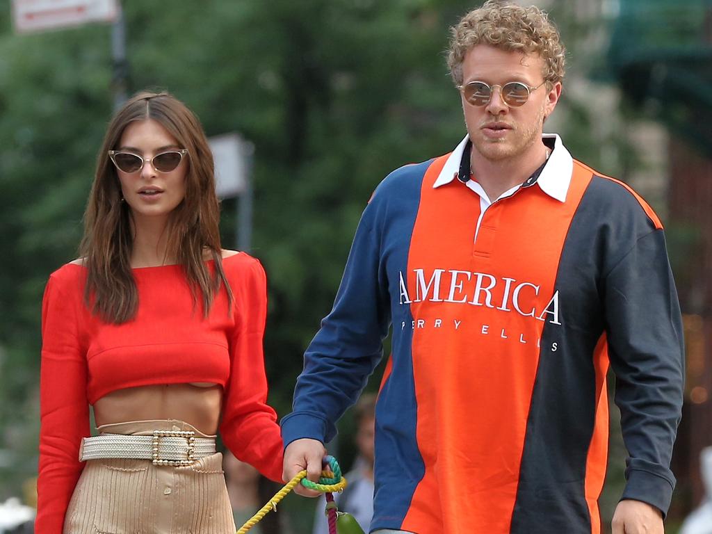 Em Rata was snapped walking home with her husband Sebastian Bear-McClard and their dog Colombo. Picture: Christopher Peterson