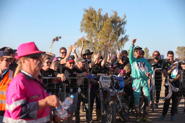 Rodney Faggotter celebrates finishing the 2019 Tatts Finke Desert Race with his mates. Pic: MATT HENDERSON