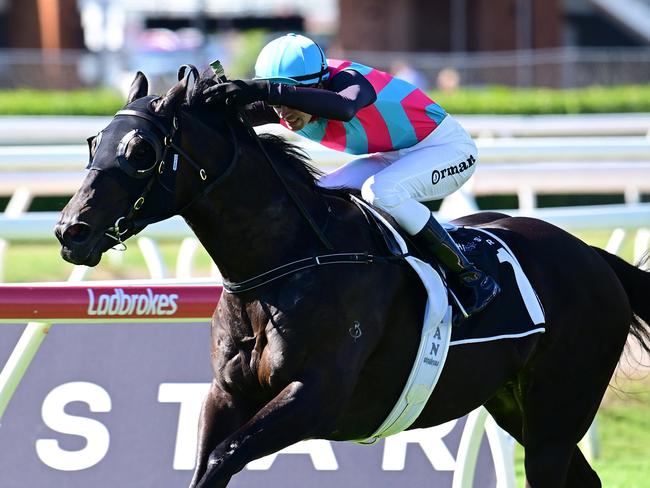 Jimmy Orman holds off all challengers aboard Antino to win at Eagle Farm on Derby Day. Picture: Grant Peters - Trackside Photography