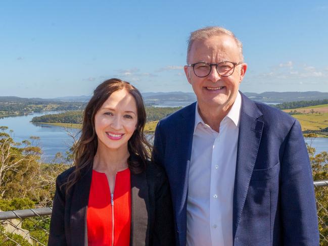 Prime Minister Anthony Albanese in northern Tasmania, near Launceston, to announce teacher Jess Teesdale is the Labor candidate for the federal seat of Bass in the upcoming federal election. Picture: PMO