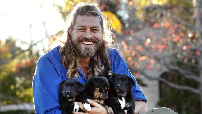 Farmer Dave Graham with some 3-week-old Kelpie puppies who will be trained as stock dogs for farmers affected by the drought. Picture: Jonathan Ng