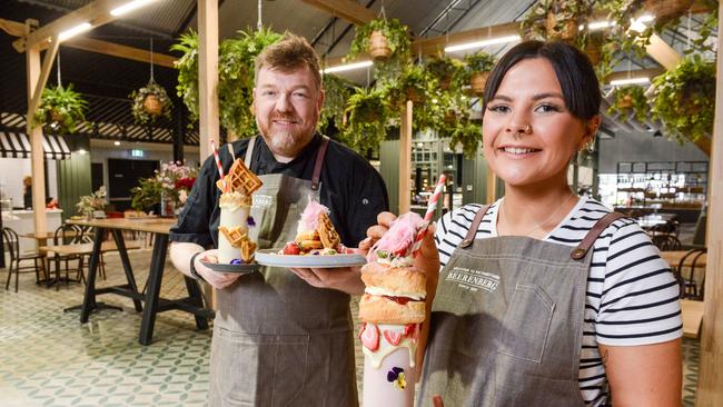 Head chef David Bennett and hostess Taylor Bull with milkshakes and sweet treats at Beerenberg Farm at Hahndorf. Picture: Brenton Edwards