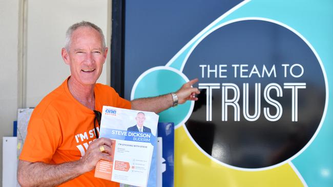 Queensland One Nation leader Steve Dickson hands out how-to-vote cards at a polling station in Buderim this morning. Picture: AAP/Mick Tsikas