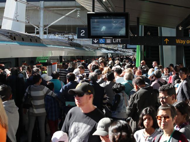 The Sydney Metro opens today and is giving Sydneysiders free travel. Crowds on the platform at Tallawong Station. Picture: David Swift.