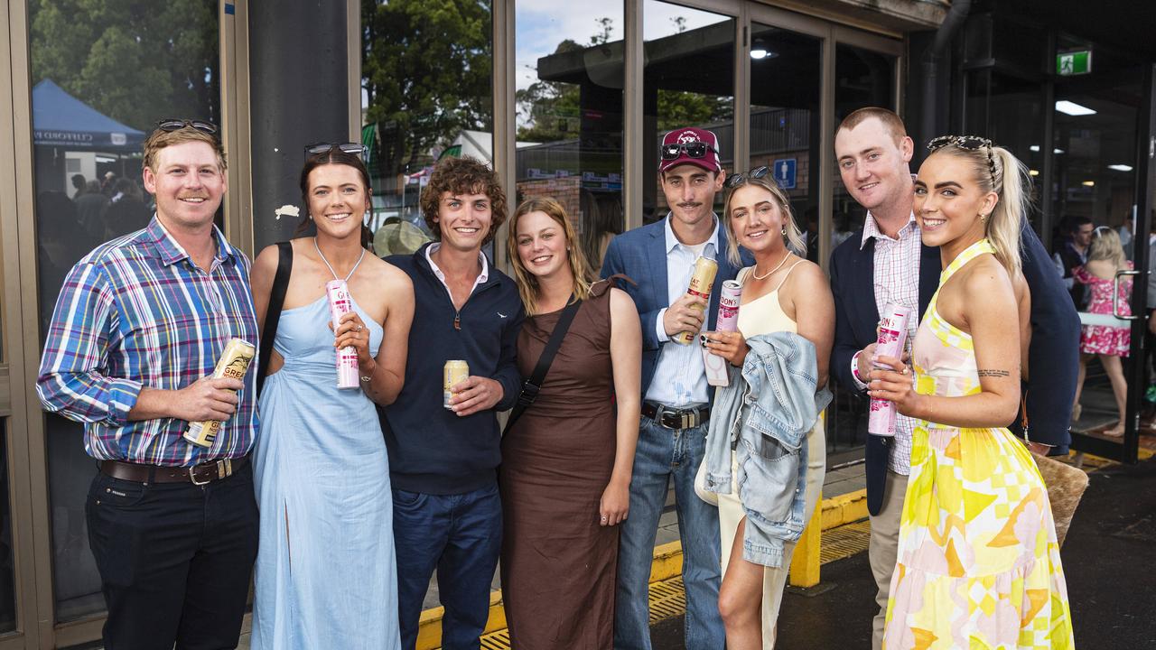 At Weetwood raceday are (from left) Charlie Burgess, Lauren Blacka, Jack McMahon, Lilly Matthews, Brock Merchant, Loni Carter, Jordon Merchant and Adele Kahler at Clifford Park, Saturday, September 28, 2024. Picture: Kevin Farmer