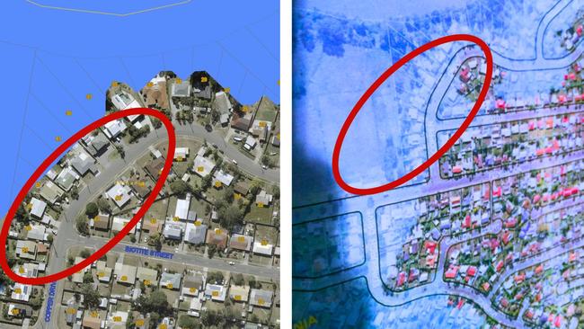 A Logan City Council flood map from 2017 when the flood risk zone did not encompass houses on Copper Dr, Bethania; and right; a flood map sent to residents showing the new flood zone, which covers all of the houses on Copper Dr, Bethania. Pictures: Contributed