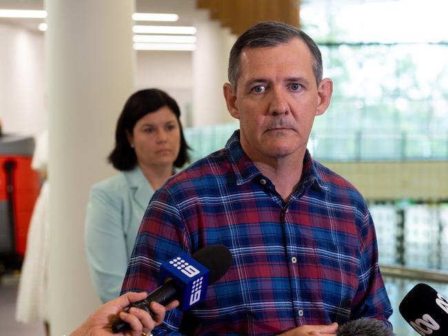 Chief Minister of the Northern Territory Michael Gunner and Minister for Health Natasha Fyles and Mr Anthony (Tony) Sievers address media on the campaign trail for the 2020 NT election. Picture: Che Chorley