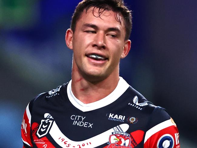 SYDNEY, AUSTRALIA - AUGUST 12: Joseph Manu of the Roosters celebrates scoring a try during the round 24 NRL match between Sydney Roosters and Dolphins at Allianz Stadium on August 12, 2023 in Sydney, Australia. (Photo by Jeremy Ng/Getty Images)