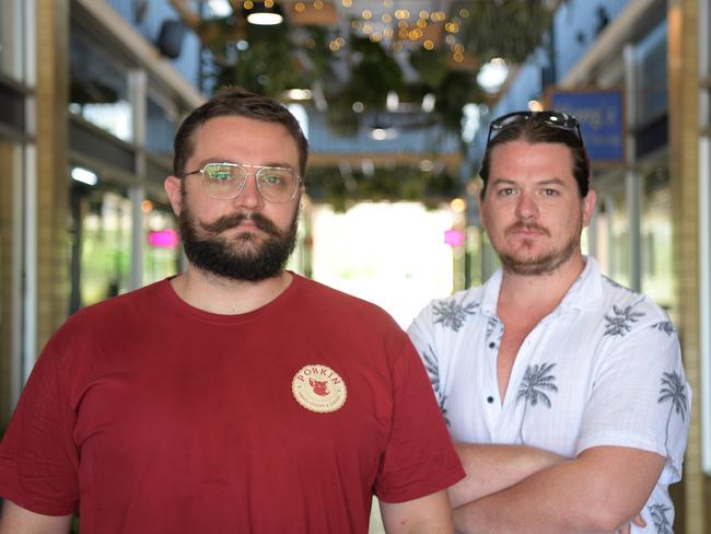 Porkin Small Foods and Coffee co-owners Manfred Lepin and Ryan Hamilton are calling for more security at their business in Nightcliff. Picture: (A)manda Parkinson