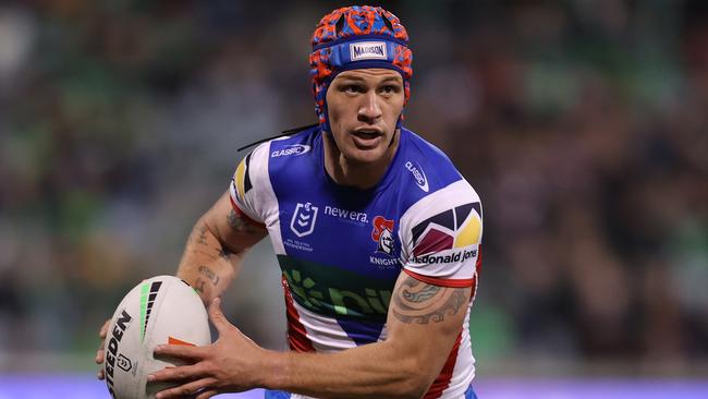 CANBERRA, AUSTRALIA - JULY 07: Kalyn Ponga of the Knights runs the ball during the round 18 NRL match between Canberra Raiders and Newcastle Knights at GIO Stadium on July 07, 2024 in Canberra, Australia. (Photo by Jason McCawley/Getty Images)