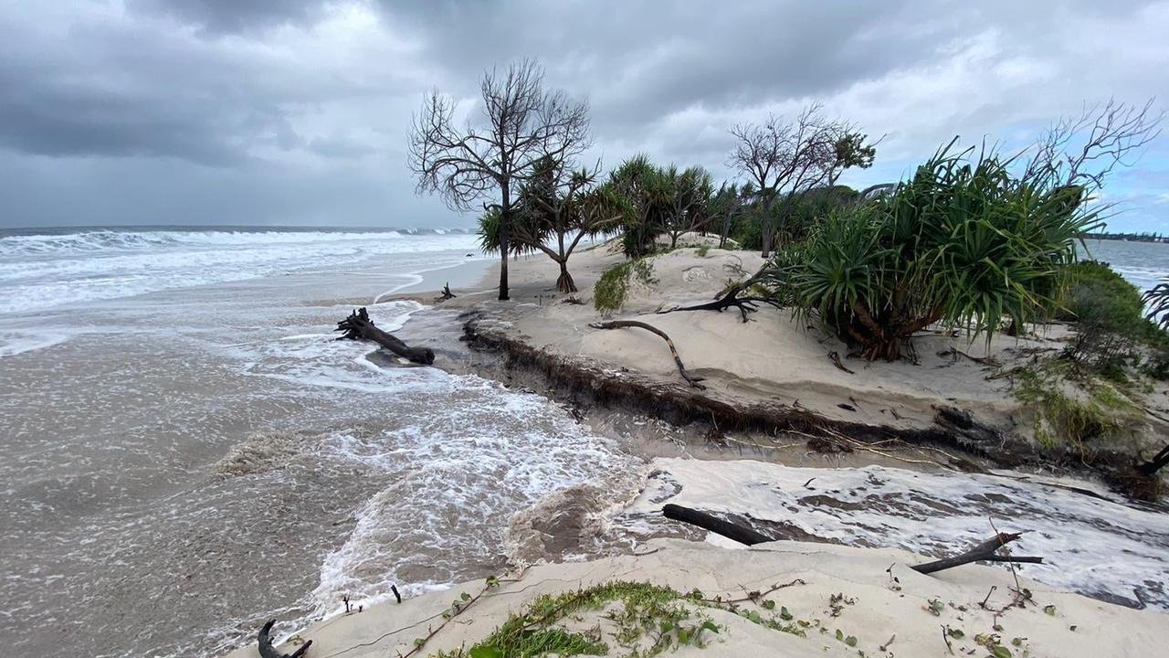 A king tide and huge swells combined to break through part of Bribie Island, creating a second bar into the Pumicestone Passage.