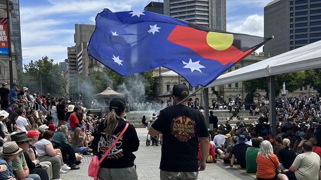 Protesters seen at Victoria Square/Tarntanyangga on January 26. Picture: Zayda Dollie