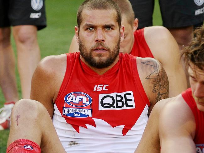 2014 AFL Grand Final match between Hawthorn Hawks and the Sydney Swans at the MCG Melbourne Cricket Ground on September 27, 2014. Lance Franklin after the loss. Picture: Colleen Petch. AFLGF2014