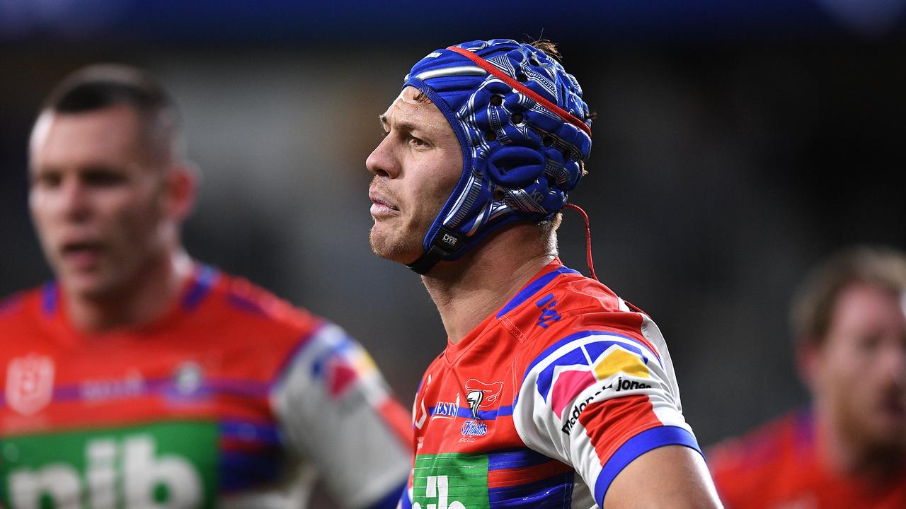 Kalyn Ponga of the Knights looks on after conceding a try