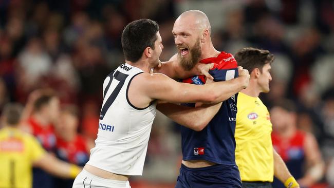 Carlton big man Marc Pittonet and Demons skipper Max Gawn go toe-to-toe at the MCG. Picture: Michael Willson/AFL Photos