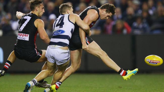 Jack Steven somehow got a boot on the ball to kick the winner against Geelong.