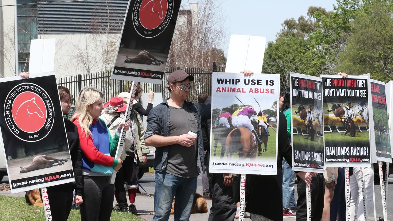 Nup to the Cup activists, seen here in 2019, have been quieter this year, says Caleb Bond. Picture: AAP Image/David Crosling