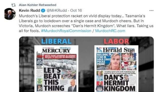 A tweet posted by former Prime Minister Kevin Rudd that was retweeted by ABC business journalist Alan Kohler.