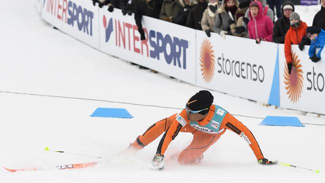 Adrian Solano of Venezuela falls as he competes in the Men 10km Individual Classic Qualification Race of the 2017 FIS Nordic World Ski Championships.