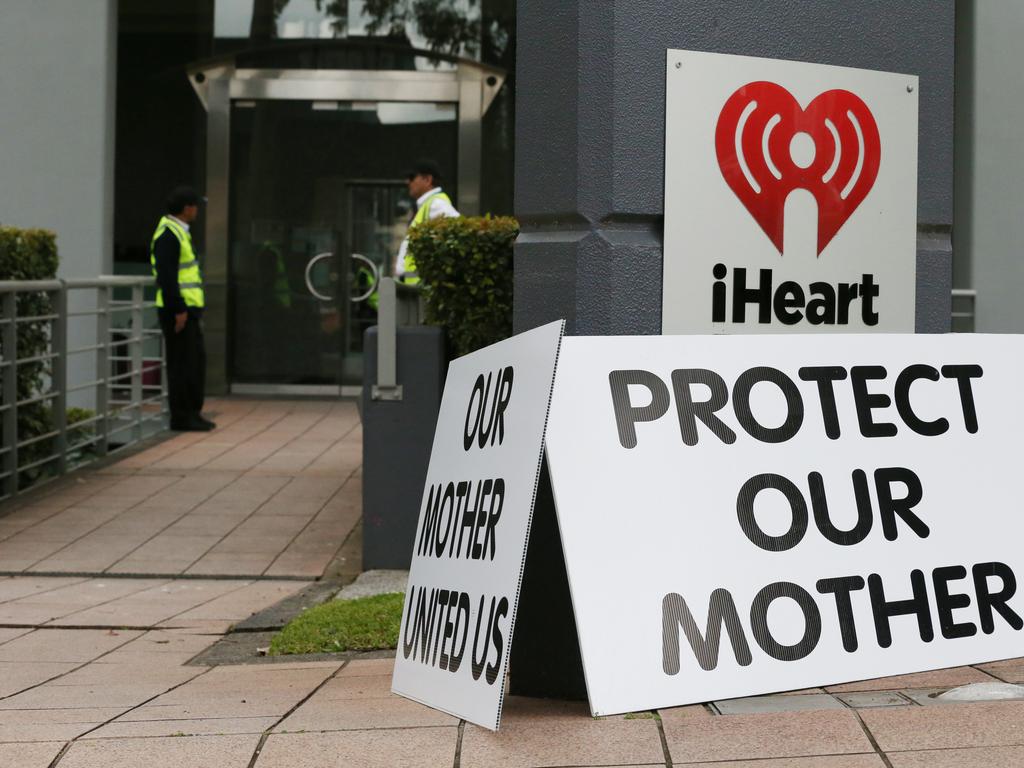 Protestors have begun to gather outside Kiis FM headquarters in North Ryde to protest against comments Kyle Sandilands made about Christians and the Virgin Mary. Picture: David Swift.