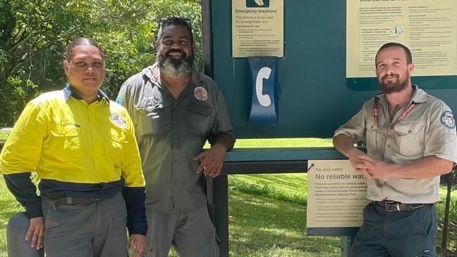 Jawajawa Rangers of the Dulabed and Malanburra Yidinji Aboriginal Corporation with the newly installed emergency phone at the Goldsborough Valley campgrounds. Picture: Supplied