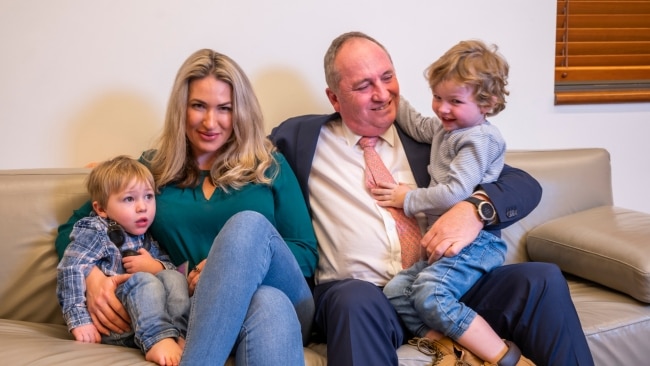 CANBERRA, AUSTRALIA - NewsWire Photos JUNE 25, 2021:  Deputy Prime Minister of Australia Barnaby Joyce, Vikki Campion and their children, Sebastian and Thomas in his office at Parliament House in Canberra. Picture: NCA NewsWire / Martin Ollman