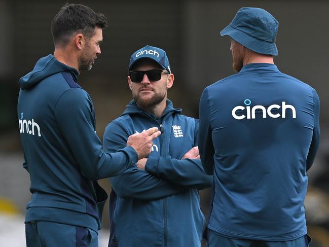 England coach Brendon McCullum and captain Ben Stokes won’t have champion paceman James Anderson (L) around for much longer. Picture: Stu Forster/Getty Images