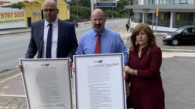 Mayor Khal Asfour with Unions NSW secretary Mark Morey and Canterbury state Labor MP Sophie Cotsis. 