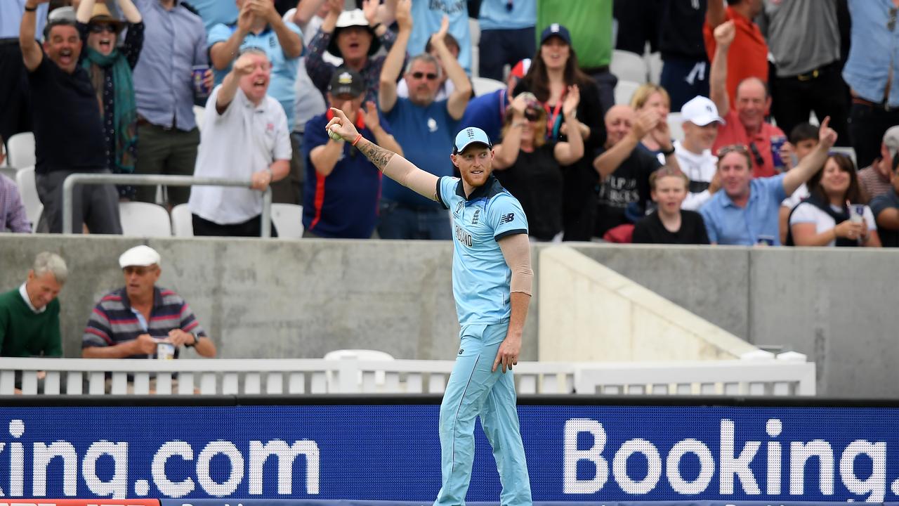 Ben Stokes celebrates with the English crowd after his stunning catch.