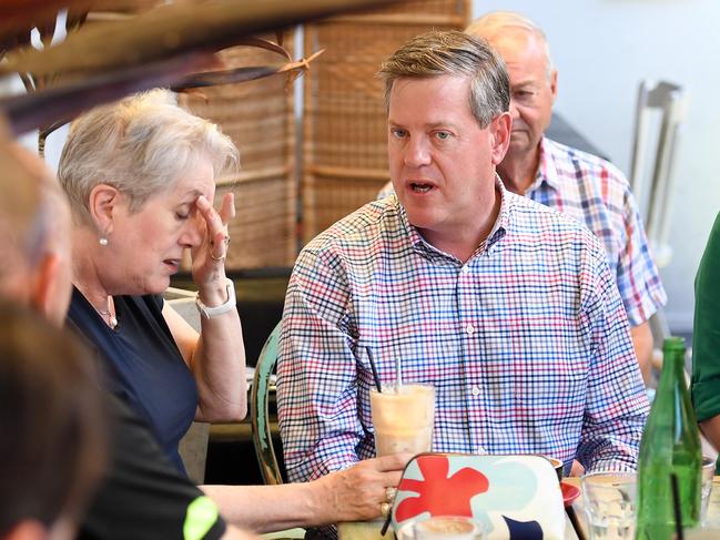 Queensland Opposition Leader Tim Nicholls chats to his mother Barbara as he meets friends and family at a cafe in Brisbane, Sunday, November 26, 2017. Yesterday Queenslanders went to the polls in the state's election but no clear winner has yet been declared. (AAP Image/Dan Peled) NO ARCHIVING