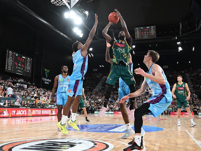 Milton Doyle of the Jackjumpers shoots during the round 12 NBL match between Tasmania Jackjumpers and New Zealand Breakers at MyState Bank Arena, on December 26, 2022, in Hobart, Australia. (Photo by Steve Bell/Getty Images)