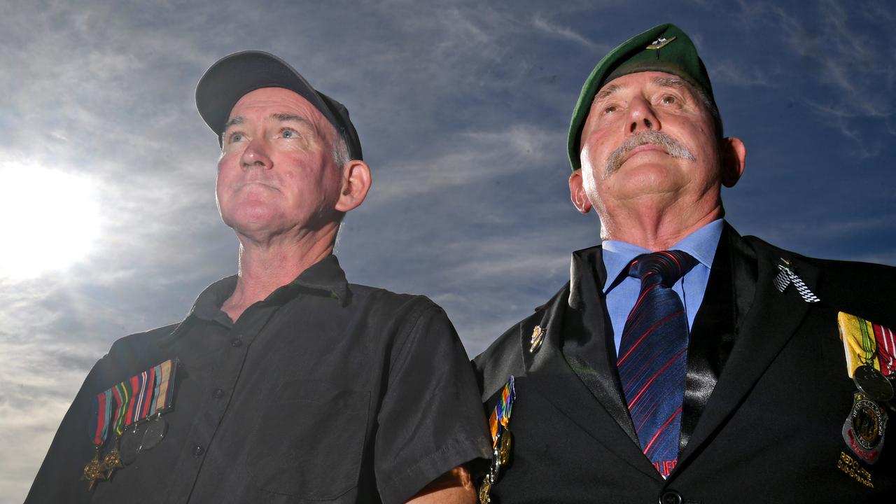 Neville Grundy and Paul Langley at the Redcliffe Anzac Day. Picture: John Gass