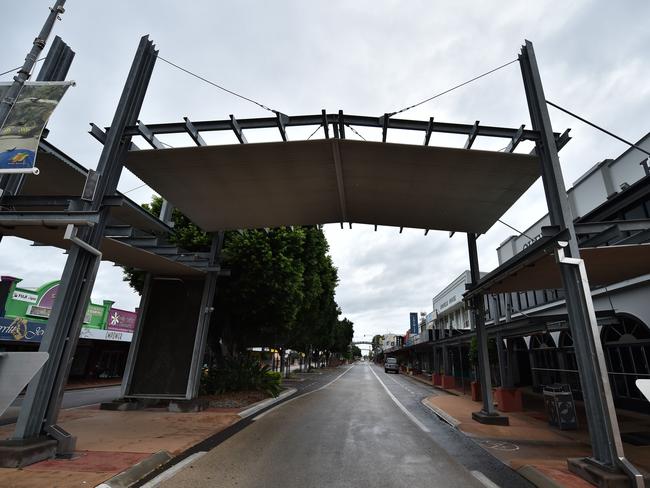 A general view shows empty streets in the town of Ayr in far north Queensland as Cyclone Debbie approaches on March 28, 2017. Picture: AFP PHOTO / PETER PARKS