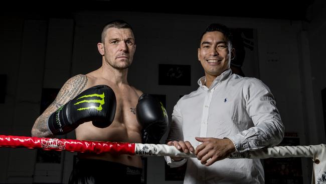 veteran boxer and muay thai fighte, John Wayne Parr, at his gym in Burleigh ahead of his fight against Anthony Mundine in November. John Wayne Parr and Promoter Steven Wijangco. Picture: Jerad Williams