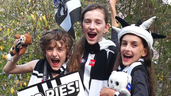 Ms Ciobo’s kids Dominic, Bridget and Veronica are huge Pies fans and have been supporting the black and white from Brisbane this year. Picture: Ally Ciobo