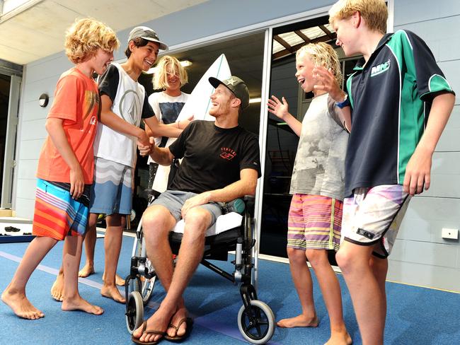 Bede Durbidge is doing his annual grom camp, but this time he is in his wheelchair is here with Zac Phillips, Tets Lewis, Johnny Saley, Jedd Golledge, Jasper Giddy and Declan Kelly. Picture: John Gass