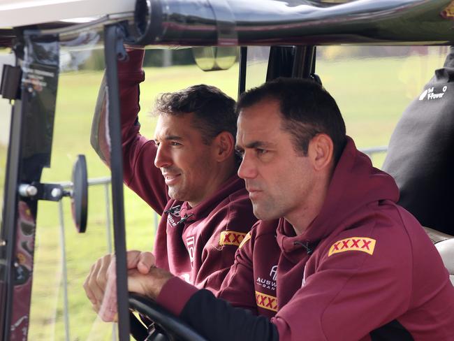 (L-R) Maroons brains trust Billy Slater and Cameron Smith. Picture: Liam Kidston