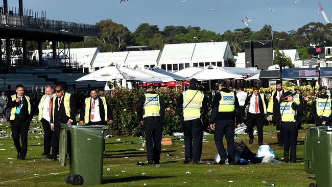 Police and security on patrol at Flemington Racecourse after Melbourne Cup. Picture: Nicole Garmston