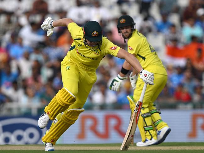 Cameron Green and Josh Inglis running between the wickets at Mohali. Picture: ARUN SANKAR / AFP