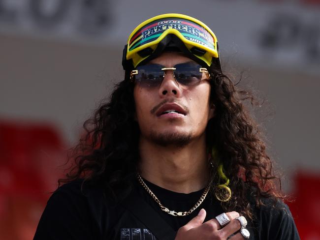 PENRITH, AUSTRALIA - OCTOBER 02: Jarome Luai of the Panthers greets fans during the Penrith Panthers NRL Grand Final celebrations at BlueBet Stadium on October 02, 2023 in Penrith, Australia. (Photo by Jenny Evans/Getty Images)