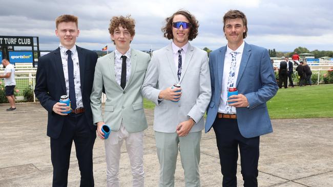 Ethan Drew, Luke Antony, Jaedyn Fox and Jack Harwood attend the Ballarat Cup. Picture: Brendan Beckett