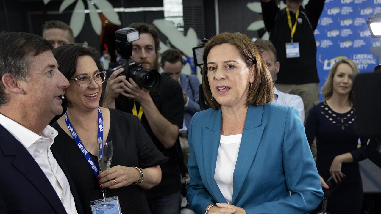 Queensland opposition leader Deb Frecklington concedes defeat at the LNP election night reception at the Emporium in South Brisbane. Picture: NCA NewsWire / Sarah Marshall