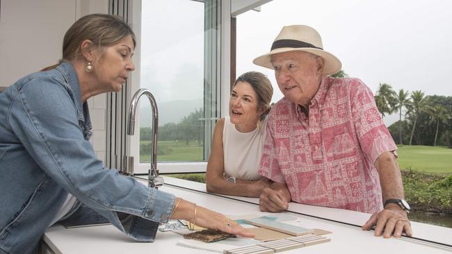 “Mr Port Douglas”, 93-year-old John Morris at his latest development with his daughters Janet and Wendy. Picture: Brian Cassey