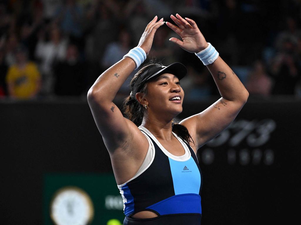 Australia's Destanee Aiava celebrates beating Belgium's Greet Minnen in their women's singles match on day two of the Australian Open tennis tournament in Melbourne on January 13, 2025. (Photo by WILLIAM WEST / AFP) / -- IMAGE RESTRICTED TO EDITORIAL USE - STRICTLY NO COMMERCIAL USE --