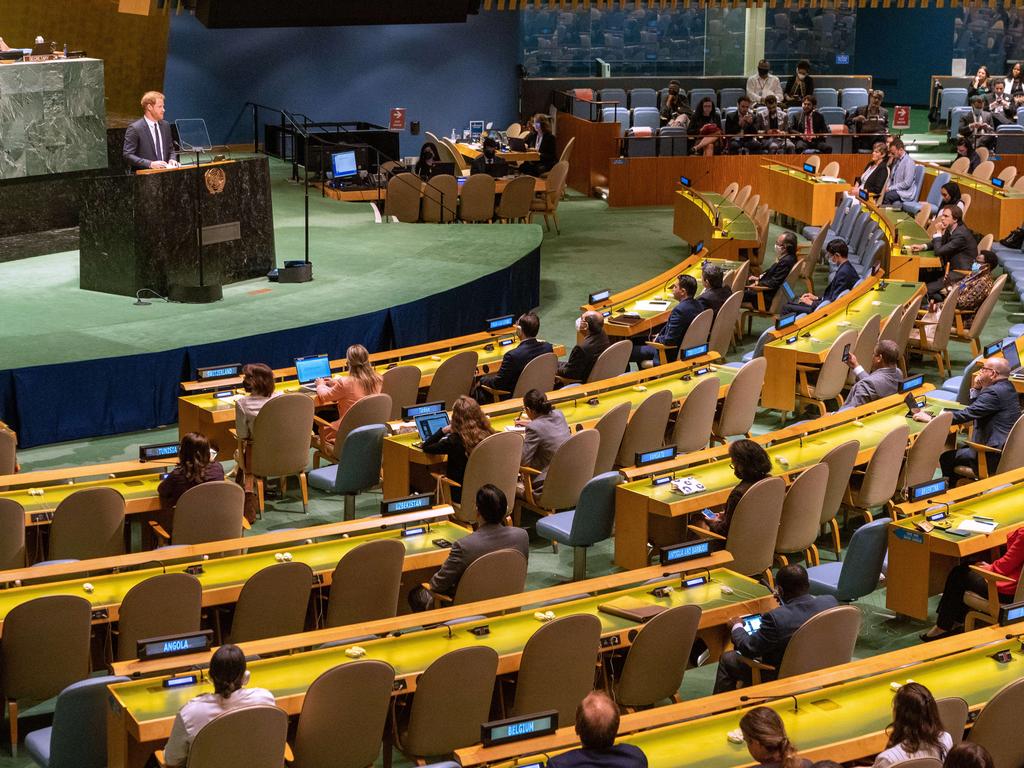 Prince Harry addressed a lot of empty seats at the UN. Picture: David Dee Delgado/Getty Images/AFP.