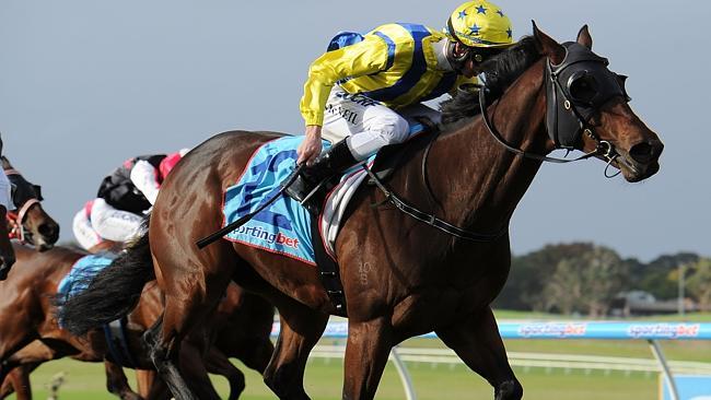 Jye McNeil rides the last of his winning treble, Horacio, at Sandown. Picture: Getty Imag