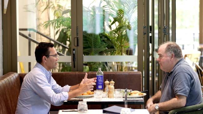 Selwyn Button with Michael Madigan at the Crown Hotel at Lutwyche. Picture: Steve Pohlner