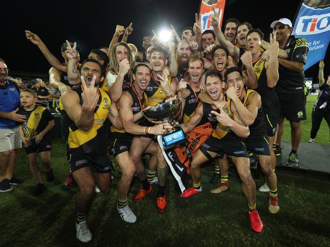 Nightcliff Tigers celebrate their first back-to-back premiership at the 2019/20 NTFL Grand Final. Picture: GLENN CAMPBELL